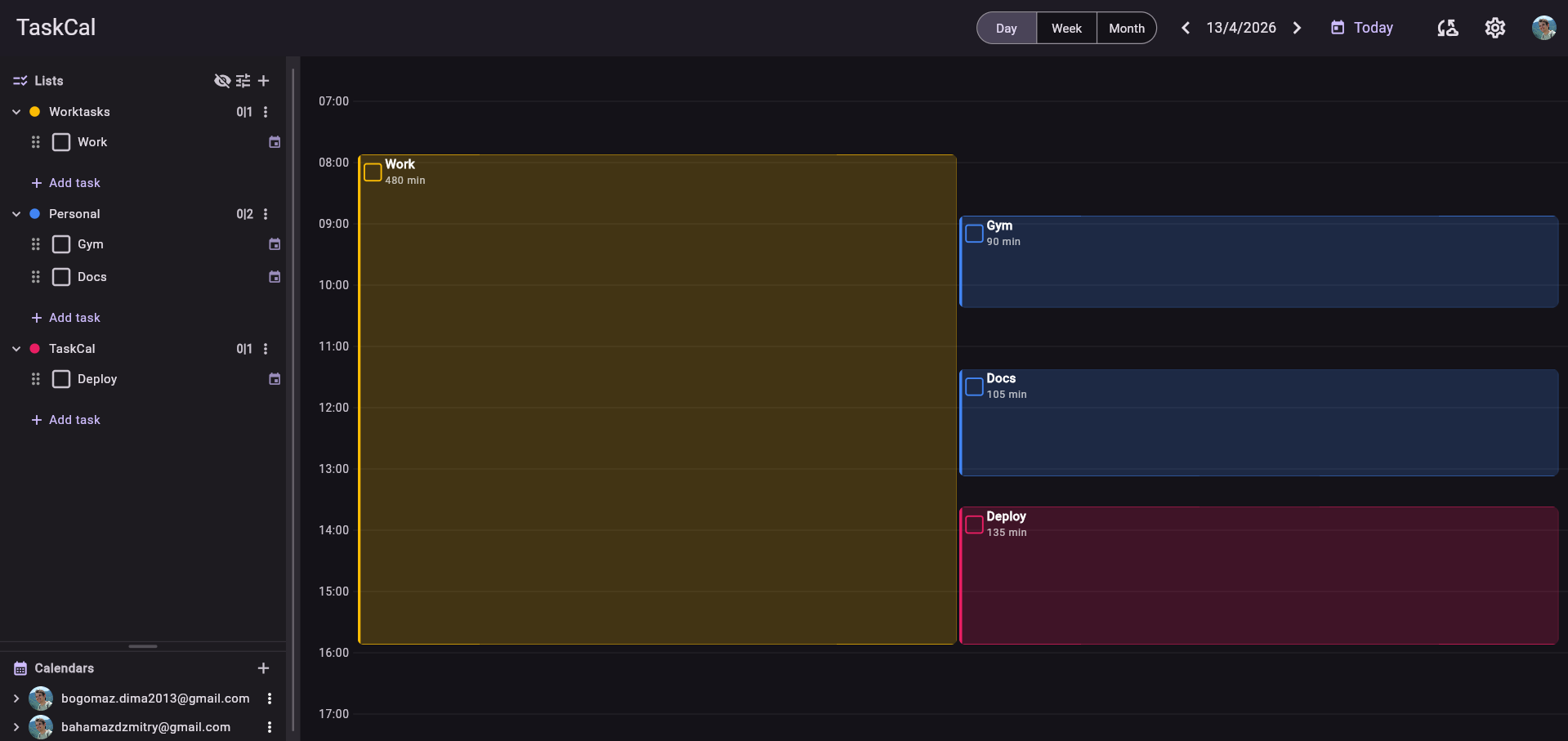 TaskCal app — calendar day view with task lists and events